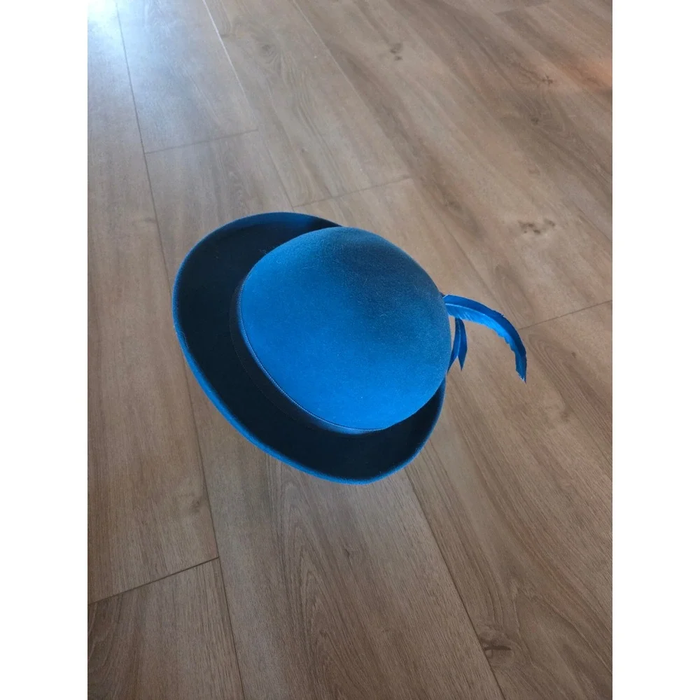 Vintage Miss Bierner Teal Blue Wool Felt Bowler Hat Feather Accent 1950s Style